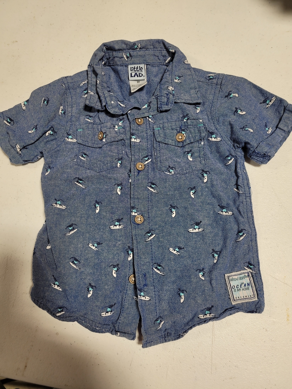 Little Lad Blue Surf Print Button-Down Shirt